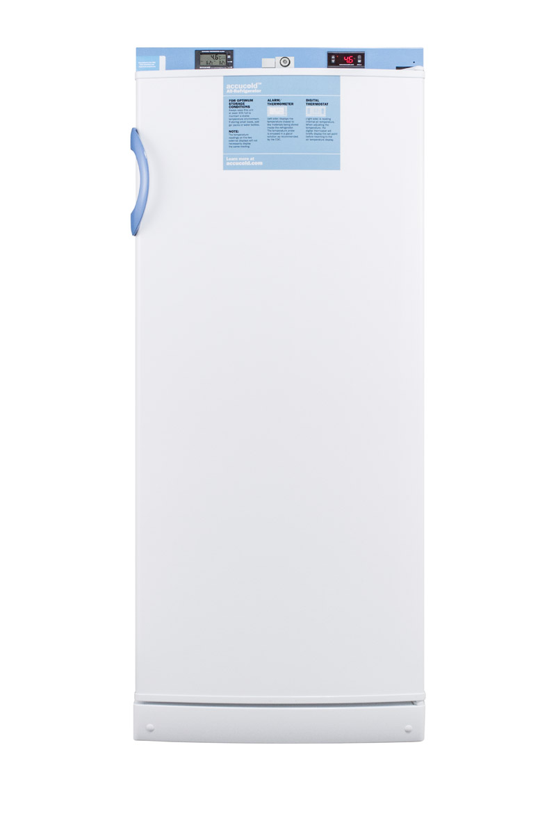 10.1 cu.ft. upright auto defrost medical/scientific all-refrigerator with digital thermostat and NIST calibrated thermometer/alarm; includes front lock, hospital grade cord, and internal fan